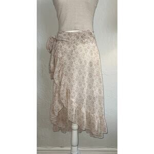 Floral Wrap Midi Skirt Women’s Beige Ruffle Hem Tie Waist 2 Romantic Cottage
